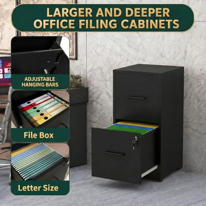 2 Drawer File Cabinet with Lock, 25.6" H Small File Cabinet | Metal Vertical File Cabinet for Home Office, Fits Letter/Legal/A4/F4 Files, Require Assembly, 25.6"H x 17.7"D x 15"W, Black - color: Black, size: 25.6"H - 2 Drawer
