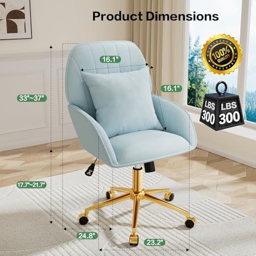 Home Office Desk Chair Comfy with Adjustable Swivel Wheels, Modern Velvet Makeup Vanity Chair with Back & Pillow, Ergonomic Office Chair Computer Task Chair for Living Room, Bedroom, Blue - color: Blue