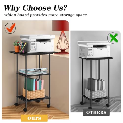 Black Large Printer Stand with Storage 3 Tier Rolling Printer Cart - color: Black