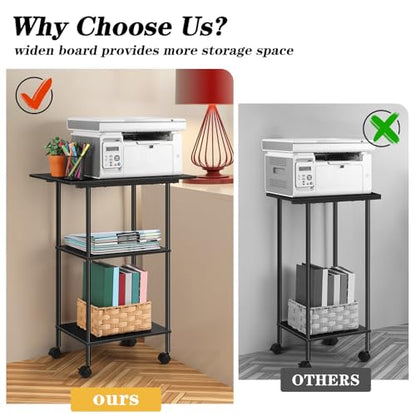 Black Large Printer Stand with Storage 3 Tier Rolling Printer Cart - color: Black