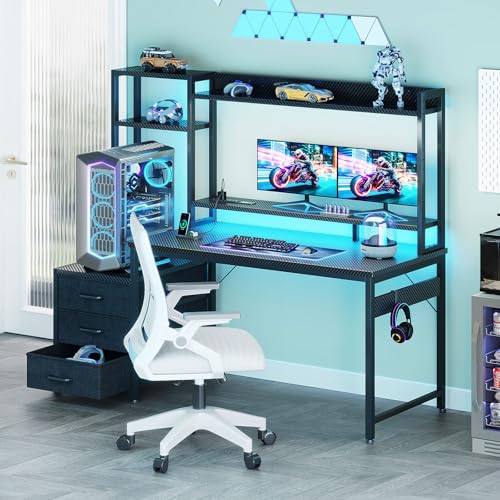 Casaottima 48 Inch Gaming Desk with Shelves & Hutch & 3 Drawers & LED Light | Reversible PC Desk with Tower Stand & Power Outlets, Computer Desk for Home Office, Carbon Fiber Black - size: 48 inch