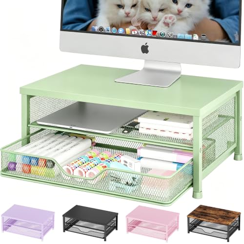 OPNICE Computer Monitor Stand Riser, Desk Organizer with Drawer, Printer & Laptop Stand, Office Desk Accessories & Workspace Desktop Organizers Storage for Office Supplies(Green) - color: Green, size: 14 x 9.1 x 5.6