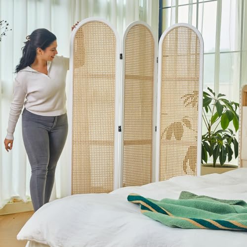 Svimi Room Dividers and Folding Privacy Screens, Pine Wood 5.6 Ft Double Hinged Rattan Partition Freestanding Wall Room Divider for Home - 3 Panels (White) - color: White, size: 3 Panels