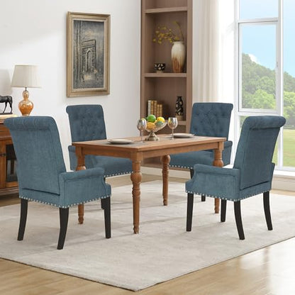 LOULENS Linen Dining Chair with Arms, Tufted Dining Room Chairs, Blue | Solid Wood Legs, Nailhead Trim, Accent Chair, Kitchen Chair - color: Light Blue, size: 1 PCS