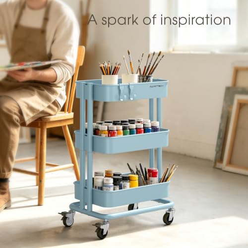 3 Tier Rolling Cart Metal Utility Cart with Lockable Wheels Home Office - color: Blue, size: Small