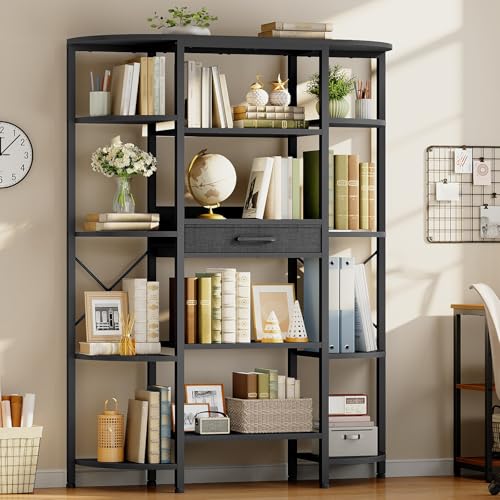 HOOBRO Triple Column 5 Tier Book Shelf, Industrial Bookcase with 12 Open Display Shelves and Fabric Drawer, Wide Bookshelf for Home Office, Living Room, Easy Assembly, Black BB161SJ01