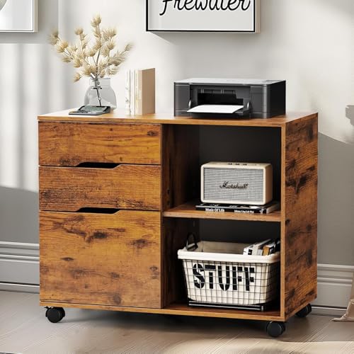 Healsmart Multifunction File Cabinet with Wheels, 3-Drawer Rolling Storage Organizer with Wood Top & Adjustable Shelf, Mobile Filing Cabinet Printer Stand for Home Office Small Space, Brown - color: Brown, style: Upgrade