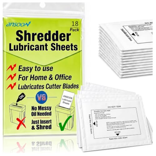 18 Pack Paper Shredder Lubricant Sheets for Shredder Cleaning/Reduces Jams | Ansoon Paper Shredder Oil Sharpening & Cleaning Lubricant Sheet for Cross-Cut and Micro-Cut Paper Shredders - size: 18-Pack