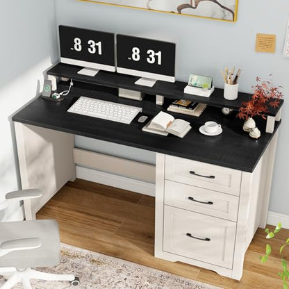 Vabches 47" Farmhouse Executive Desk with 3 Drawers and LED Lights, Black - color: Black, size: 3 Drawers & Monitor Stand