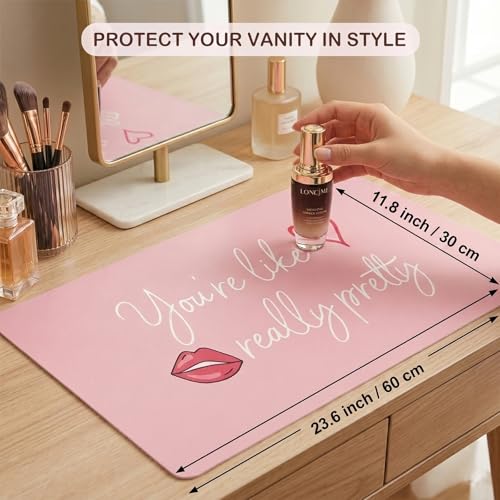 DOUDIZHU Makeup Mat for Vanity, Dual-Sided Vanity Top Protector Mat Waterproof Dressing Desk Makeup Table Cover Mat You're Like Really Pretty (Baby Pink/Silver, 23.6"x11.8") - color: You're Like Really Pretty (23.6"*11.8")