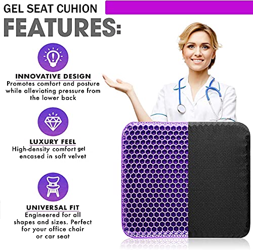 Gel Seat Cushion for Long Sitting, Double Thick, Pressure Relief | Cooling, Soft&Breathable | Sciatica, Hip&Coccyx Pain Relief | Gel Cushion for Office Chair, Home, Car, Wheelchair | Anti-Slip - color: Purple