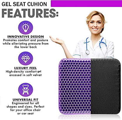 Gel Seat Cushion for Long Sitting, Double Thick, Pressure Relief | Cooling, Soft&Breathable | Sciatica, Hip&Coccyx Pain Relief | Gel Cushion for Office Chair, Home, Car, Wheelchair | Anti-Slip - color: Purple