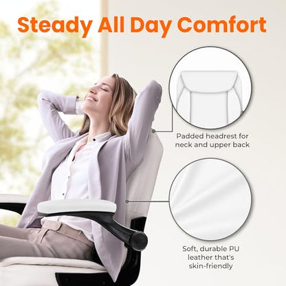NEO CHAIR PU Leather Office Desk Chair with Adjustable Arms, White | Ergonomic Mid Back Computer Desk Chair Comfy with Wheels Swivel Rolling for Home Office Gaming Study - color: White