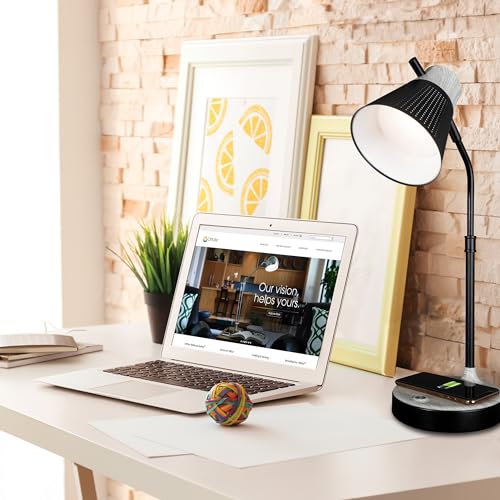 OttLite LED Table Lamp with Wireless Charging and USB, Black and Grey | ClearSun LEDs Reduce Eyestrain | 3 Color Temperature Modes | Movable Pivoting Shade | Extends 21"-25" Tall - color: Black