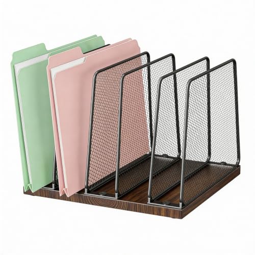 AUPSEN 5-Section File Organizer for Desk, Wood Mesh Desktop File Organizer, File Sorter Storage Rack, Vertical Folder Holder for Files, Magazines, Books (Brown) - color: Brown