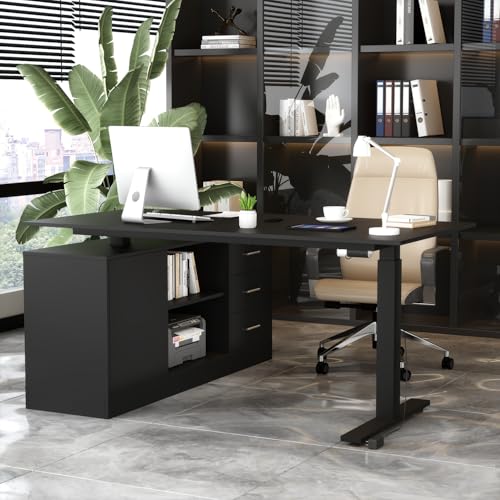 L Shaped Standing Desk Height Adjustable, 63" W Electric Sit Stand Desk with Drawers & Storage Cabinet, Reversible Home Office Table Corner Computer Workstation, Modern Black (29.1"-44" H) - color: Modern Black