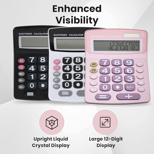 Lily' Home Jumbo 12 Digit with Solar Power, Large LCD Display - Desktop Calculator, Dual Power, Large Button Design, Battery Operation, Easy-to-Read Tilted, for Home, Office, School & Business - Pink - size: 1PK-Pink