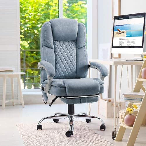 HOMREST 6-Point Massage Office Chair with Reclining Backrest, Heated Executive Office Chair, Velvet Ergonomic Computer Desk Chair with Footrest & Padded Armrest, Airy Blue - color: Airy Blue