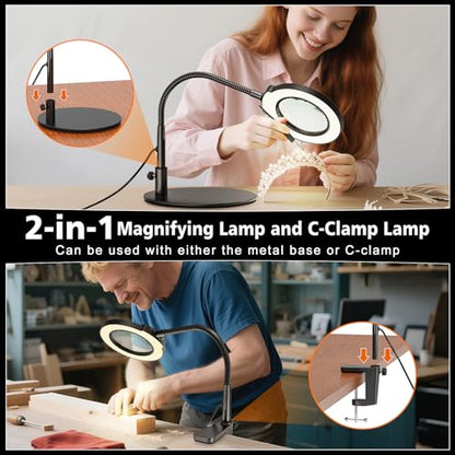 10X 15X Magnifying Glass with Light and Stand, 5 LED Color Modes Stepless Dimmable, Flexible Gooseneck Lighted Magnifying Glass with C-Clamp and Mental Base for Craft Close Work Sewing Reading