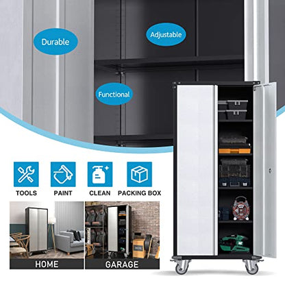 Rolling Garage Storage Cabinet with Locking Door and Shelves, 71''H Lockable Metal Storage Cabinet on Wheels, Steel Tool Cabinet for Warehouse, Basement, Utility Room, Black&Gray - size: Large