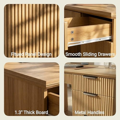 FURSUN 58" Executive Desk with Charging Station & File Drawer, Modern Fluted Home Office Desk with 5 Drawers & Keyboard Tray, Large Computer Writing Desk, Natural Oak - color: Natural Oak, size: Double-Sided Drawers