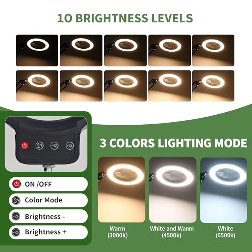 10X/20X Magnifying Glass with Light and Stand, LED Desk Magnifying lamp with Base and Clamp, 3 Color Mode, 10 Dimmable Levels Desktop Magnifier, Crafts Jewelry Sewing Close Work (Black) - color: Black