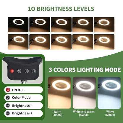 10X/20X Magnifying Glass with Light and Stand, LED Desk Magnifying lamp with Base and Clamp, 3 Color Mode, 10 Dimmable Levels Desktop Magnifier, Crafts Jewelry Sewing Close Work (Black) - color: Black