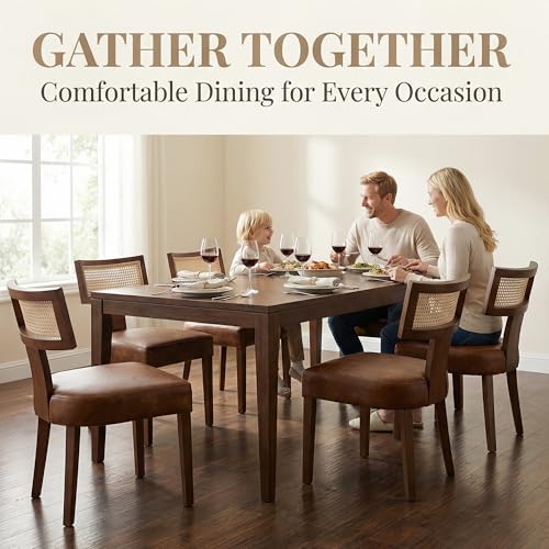 HNY Mid Century Modern Rattan Dining Chairs Set of 2, Farmhouse PU Leather Upholstered Accent Chair Curved Backrest Kitchen Chairs, with Hardwood Frame, Brown - color: Brown Rattan