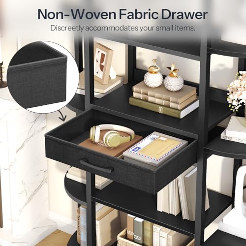 HOOBRO Triple Column 5 Tier Book Shelf, Industrial Bookcase with 12 Open Display Shelves and Fabric Drawer, Wide Bookshelf for Home Office, Living Room, Easy Assembly, Black BB161SJ01