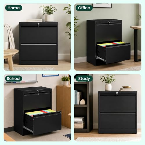 2 Drawer Lateral File Cabinet with Lock, File Cabinet for Home Office,Black | Heavy-Duty Steel Locking File Cabinet, Hanging Letter/Legal/A4 Size, Full-Extension Silent Drawer, Un-Assembly - color: Black, size: 2 Drawers