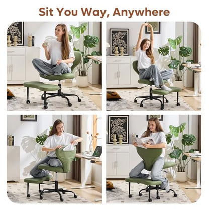 YFO Ergonomic Cross Legged Office Chair and ADHD Meditation Chair with Silent Wheels for Home Office Desk Chair and Yoga, Wider Backrest Support and Storage Pockets Design, PU Leather, Green - color: Pu-green