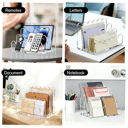 3 Compartments Acrylic Mail Organizer, Vertical File Sorter & Scalloped Desk Organizer for Letters, Envelopes, Bills, Stationery, Mail Holder for Office and Home