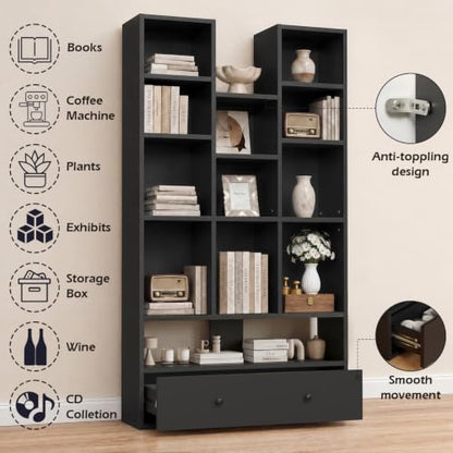 PUKAMI 65" Tall Bookshelf with Drawers, 4-Tier Open Display Bookcase with 11 Storage Cubes, Modern Freestanding Organizer for Living Room Home Office, Black - color: Black