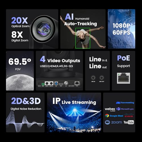 AI Auto Tracking NDI PTZ Camera 3G-SDI/USB3.0/HDMI/LAN IP PoE IP Live Streaming 20X Optical and 8X Digital Zoom Camera 1080P 60FPS for Church Services Worship Education Events vMix OBS YouTube - color: jet black