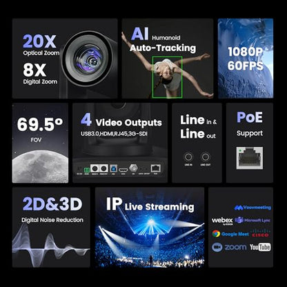 AI Auto Tracking NDI PTZ Camera 3G-SDI/USB3.0/HDMI/LAN IP PoE IP Live Streaming 20X Optical and 8X Digital Zoom Camera 1080P 60FPS for Church Services Worship Education Events vMix OBS YouTube - color: jet black