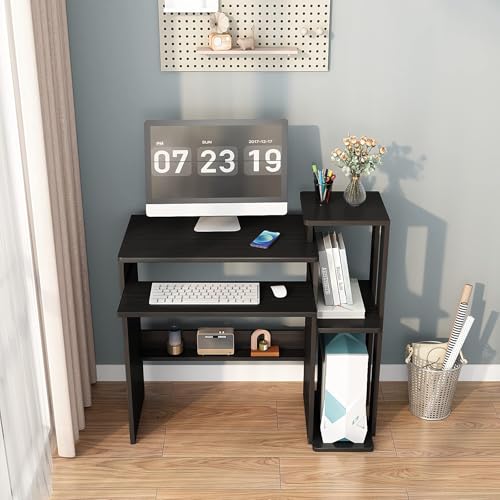 35" Compact Computer Desk with 3-Tier Storage Shelves & Keyboard Tray – Small Study Table for Bedroom or Home Office (Black) - color: Black