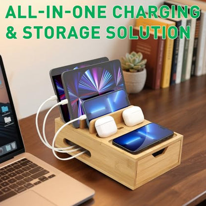 Bamboo Charging Station for Multiple Devices, Desktop Wood Charger Organizer with Drawer & Tray -Included 6 Cables, Compatible with Multi Devices, Cell Phone, Tablet, Earphones (No USB Charger)