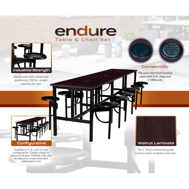 Romig Endure Standing Height Collaborative Table and Chair Set with 12 Pull-Out Swivel Stools, Walnut Top, Built-in Power Outlets and USB Charging, Classroom Training Table - color: Walnut, size: 12 Seater