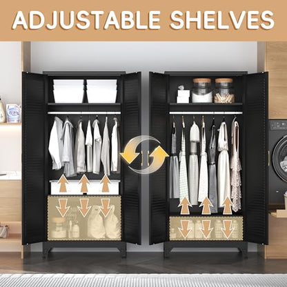 Steeloong 71"Armoire Wardrobe Close,Black Wardrobe Cabinet with Hanging Rod | Metal Closet Cabinet with Doors and Adjustable Shelves,Freestanding Clothing Storage Cabinets for Bedroom Office,Gym,Hospital - color: Black, style: 71"H Wardrobe