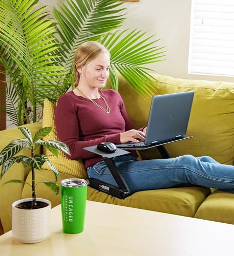 WorkEZ Cooling Adjustable Laptop Stand for Desk w/Fan USB Ports Mouse Pad Ergonomic Foldable Laptop Stand Riser Portable Computer Holder, Black | WorkEZ Cool laptop stand for desk, with adjustable height, tilt and a removable mouse pad. Also works in bed