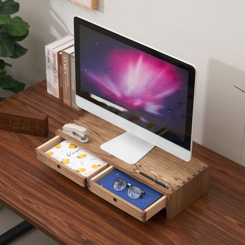 KIRIGEN Solid Wood Monitor Stand with 2 Drawers, Desk Riser, Brown PMJ-DBR