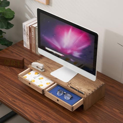 KIRIGEN Solid Wood Monitor Stand with 2 Drawers, Desk Riser, Brown PMJ-DBR