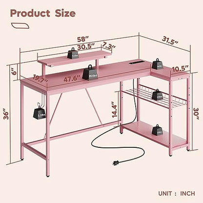 Bestier L Shaped Gaming Desk with Power Outlets,58 LED Small Corner Desk with Reversible Storage Shelves,Pink Computer Desk with Headset Hooks Desk for Living Room and Dormitory