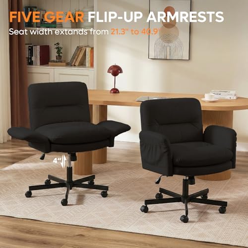 Bestier Criss Cross Office Chair with Flip-Up Arms, Comfy Wide Vanity Chair | Scratch-Resistant Pu Leather Computer Office Desk Chairs with Wheels 2 Side Pockets for Home Makeup Bedroom, Black - color: Black Pu Leather, size: Low Back