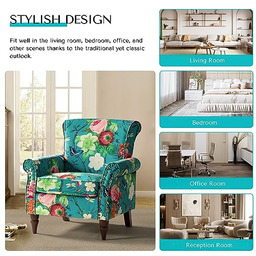 HULALA HOME Traditional Floral Accent Chair with Solid Wood Legs, Blue | Comfy Upholstered Armchair Reading Chair with Rolled Armrests, Nailhead Trim, Removable Cushion, for Living Room Bedroom - color: Blue