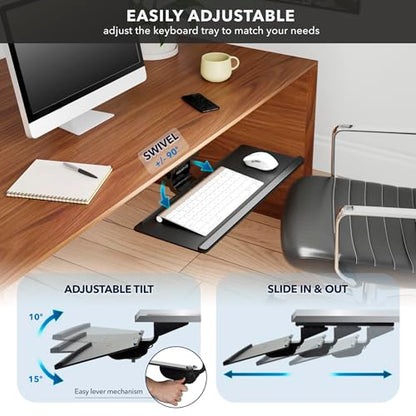 Mount-It! Under Desk Keyboard Tray, Adjustable Slide-Out Keyboard & Mouse Platform, 26.38" W × 10" D, Ergonomic Wrist Rest, Height Tilt & Swivel, Heavy-Duty Bolt-On Keyboard Drawer for Home Office