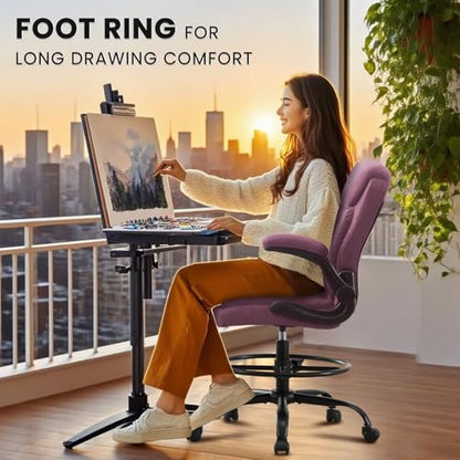MAHOMICO Drafting Chair for Standing Desk – Tall Office Chair with Adjustable Height & Foot Ring, Flip-Up Arms, Lumbar Support – Comfortable Fabric Seat, Ideal Home Desk Chair - color: Purple