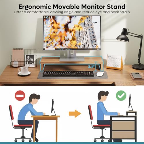 Bestier 55" L Shaped Desk with Monitor Stand & File Drawer, Brown Oak - color: Brown Oak