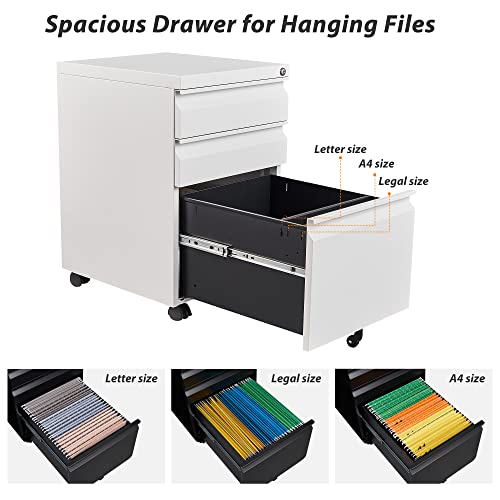 3 Drawer File Cabinet with Wheels, Metal Filing Cabinet with Lock, Office Rolling File Cabinets for A4/Legal/Letter Size, Assembly Required, White - color: White, size: 3 Drawer (Wheel)