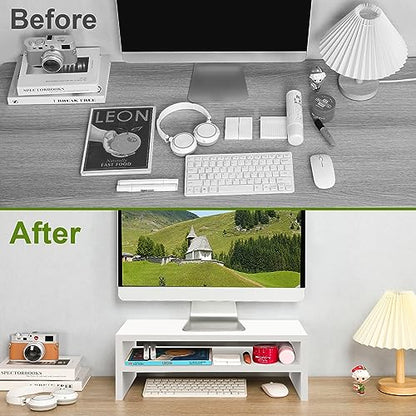 TEAMIX 20 inch White Monitor Riser Stand - 2 Tiers, Wood Desktop Bookshelf - color: White, size: 20 x 9.5 x 6.7 inches